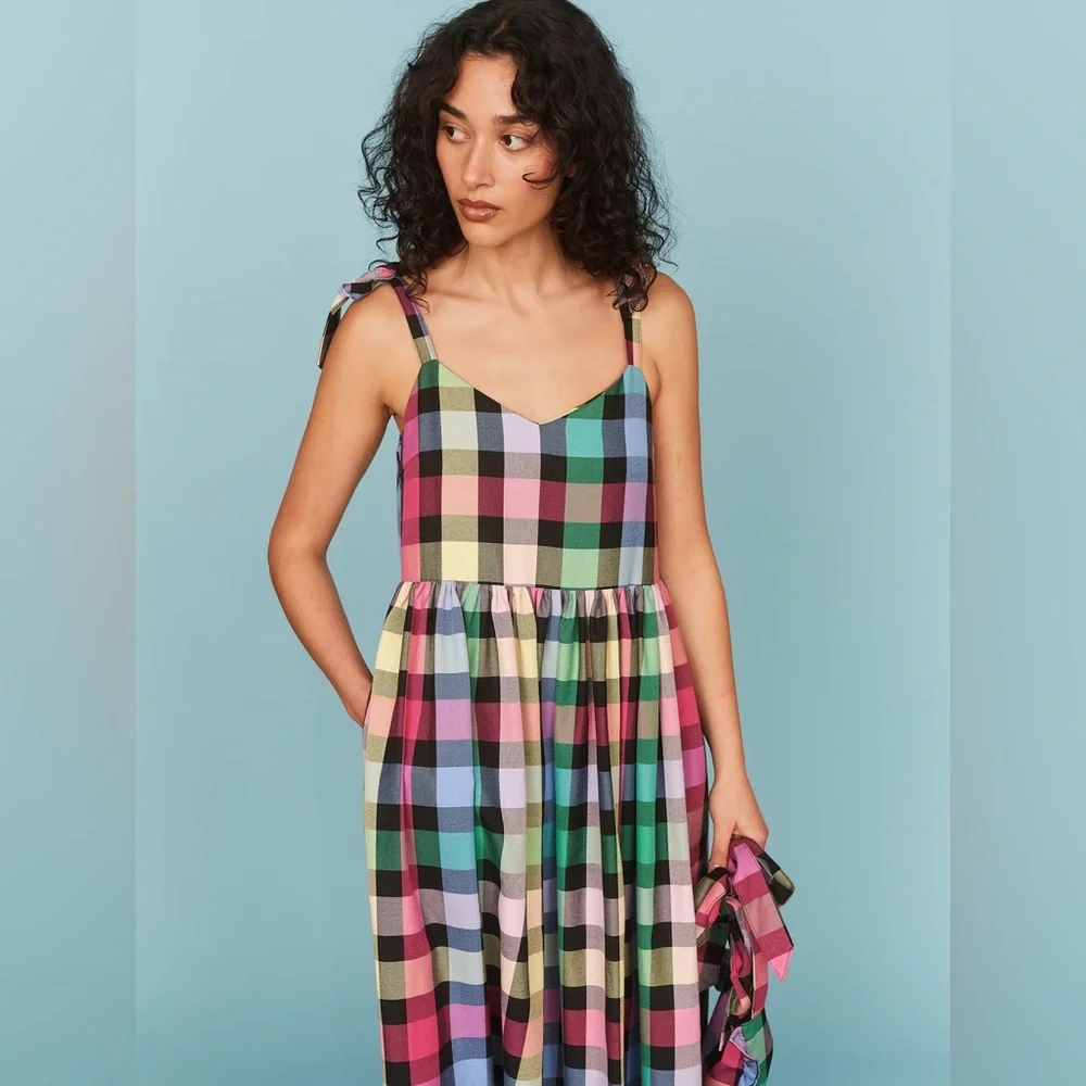 Lazy Oaf Checkmate Bow Strap Dress Rainbow Checkered L NWT Sold Out - Picture 5 of 15